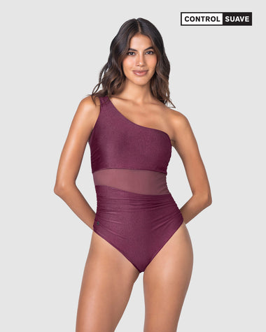 Traje de baño entero de un solo hombro con control suave de abdomen bajo#color_466-vinotinto