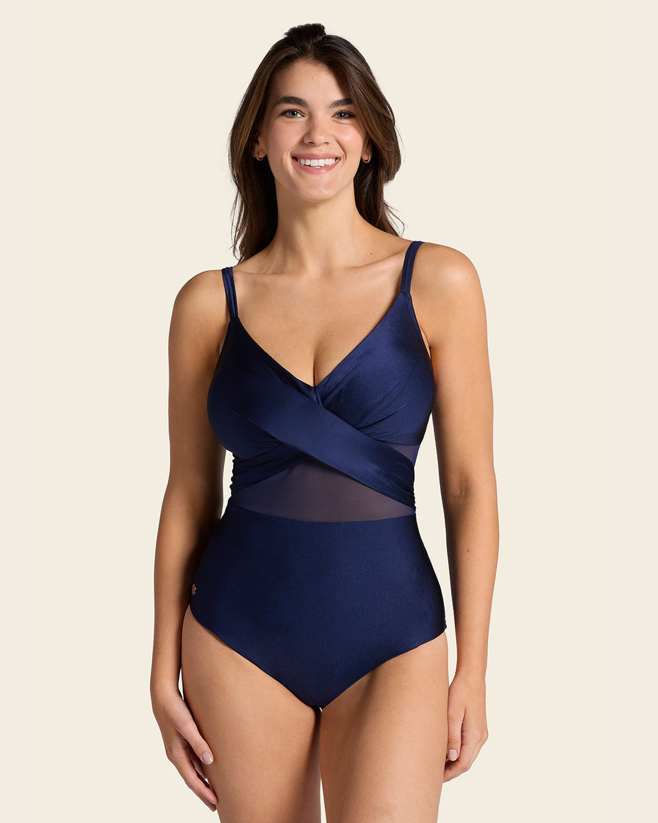 Traje de baño entero con escote cruzado y tela con brillo