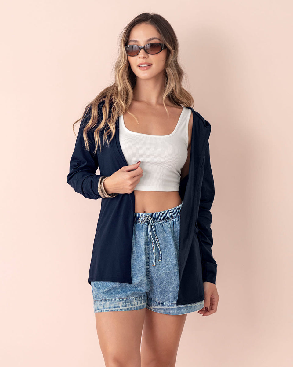 Cárdigan largo con capucha y puños en la misma tela