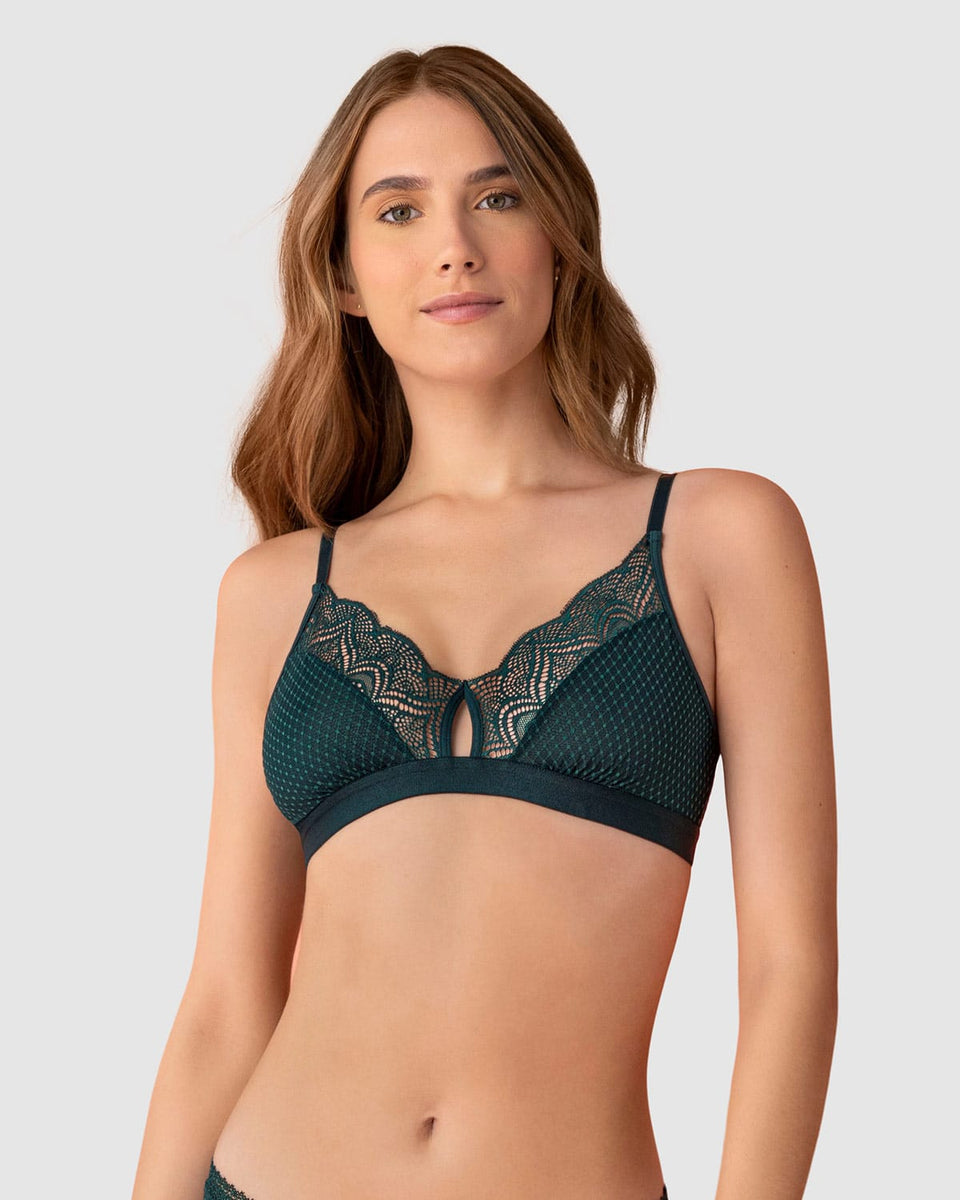 Bralette triangular en encaje y tul con detalle de ojal en escote