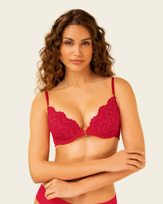 Sostén en encaje con abrochadura frontal y espalda lisa#color_302-rojo