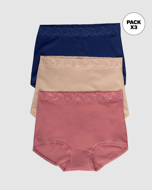 Paquete x 3 calzones clásicos con toques de encaje#color_s22-azul-oscuro-habano-rosa