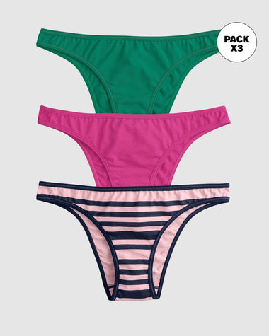 Pack x3 tangas descaderadas en algodón#color_s38-rayas-fucsia-verde