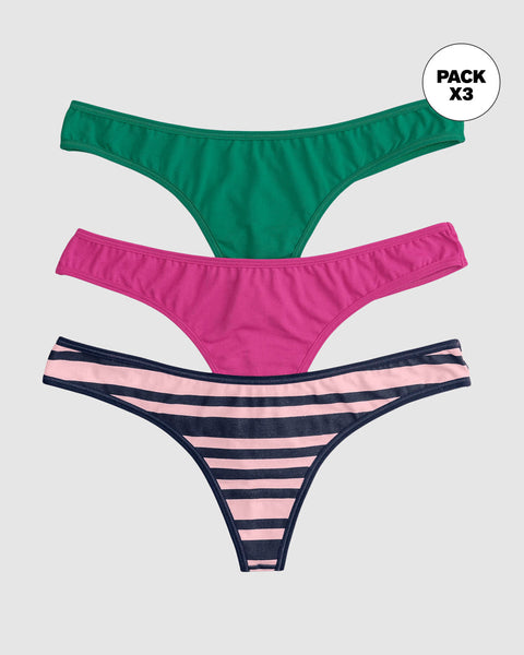 Pack x3 tangas colaless descaderadas en algodón#color_s38-rayas-fucsia-verde