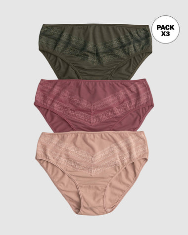 Paquete x3 Calzones tipo Bikini Clásicos y Confortables#color_s28-verde-vino-rosa