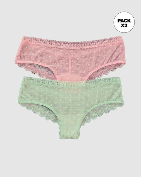 Paquete x 2 Calzones Cacheteros en Encaje y Tul#color_s50-rosado-claro-verde-menta