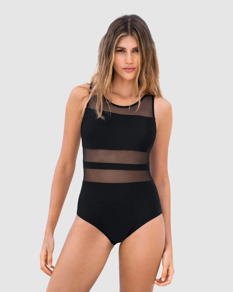 Traje de baño de control suave de abdomen bajo y copas internas#color_700-negro