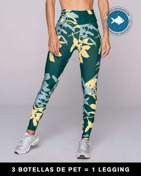 Legging de tiro alto control en abdomen y muslos en material bio-pet#color_060-estampado-hojas-verde