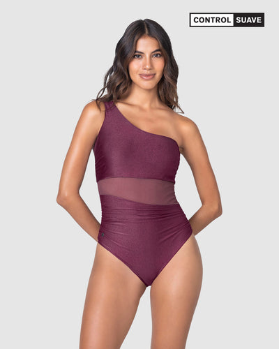 Traje de baño entero de un solo hombro con control suave de abdomen bajo#color_466-vinotinto