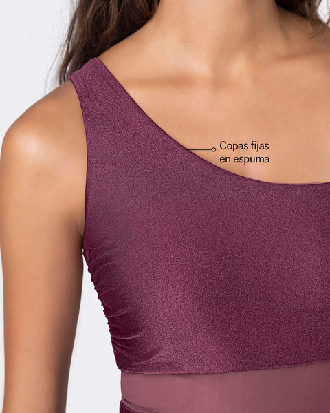 Traje de baño entero de un solo hombro con control suave de abdomen bajo#color_466-vinotinto
