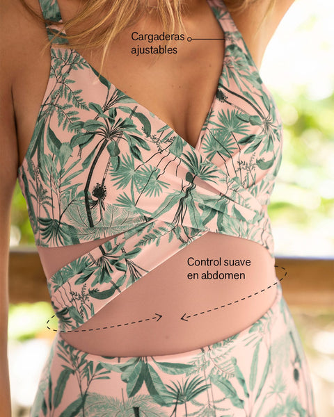 Traje de baño control suave de abdomen elaborado con PET reciclado#color_276-estampado-tropical