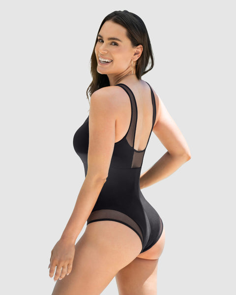 Traje de baño entero de control fuerte con detalles en tul - Hasta 2 cm menos#color_700-negro
