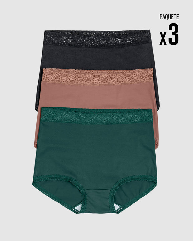 Paquete x3 confortables panties clásicos de ajuste y cubrimiento total#color_s21-verde-negro-salmon