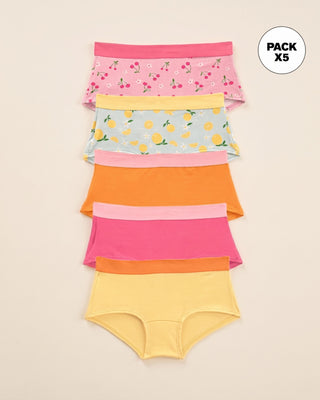 Pack x 5 calzones tipo pantaleta para niña#color_s05-naranja-fucsia-amarillo-rosado-estampado-cerezas-azul-claro-estampado-naranjas