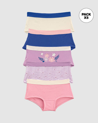 Pack x 5 calzones tipo pantaleta para niña#color_s06-marfil-rosado-claro-azul-oscuro-rayas-lila-con-flores-lila-estampado-flores