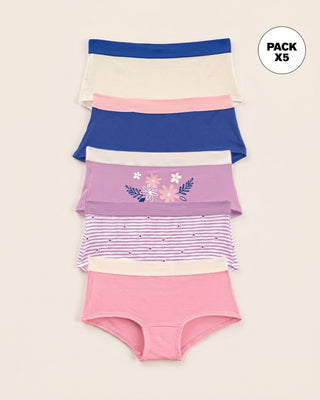Pack x 5 calzones tipo pantaleta para niña#color_s06-marfil-rosado-claro-azul-oscuro-rayas-lila-con-flores-lila-estampado-flores