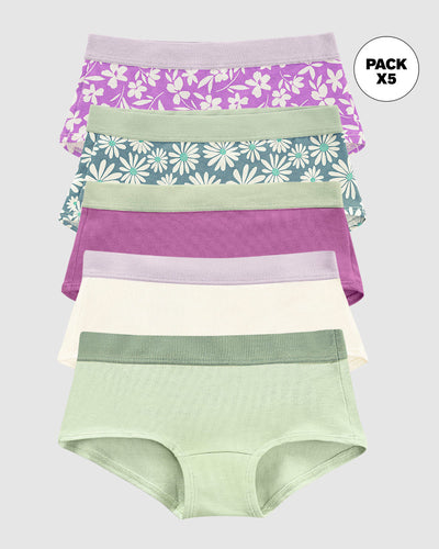 Pack x 5 calzones tipo pantaleta para niña#color_s32-flores-morado-flor-lila-verde-marfil