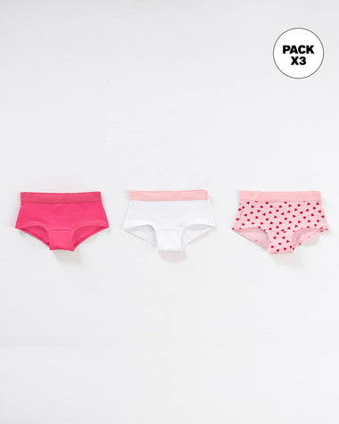 Pack x3 calzones tipo pantaleta en algodón suave para niña#color_s45-fucsia-estampado-corazones-blanco