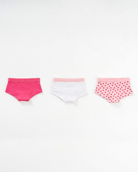 Pack x3 calzones tipo pantaleta en algodón suave para niña#color_s45-fucsia-estampado-corazones-blanco