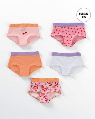 Paquete x 5 calzones tipo pantaleta en algodón suave#color_s23-blanco-naranja-frutas-fresas-rosado