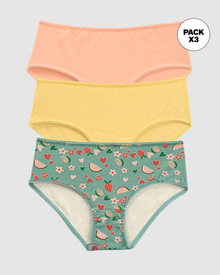 Pack x3 calzón clásico para niña#color_s06-verde-estampado-frutas-mandarina-amarillo-claro