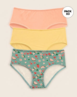 Pack x3 calzón clásico para niña#color_s06-verde-estampado-frutas-mandarina-amarillo-claro