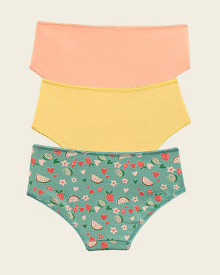 Pack x3 calzón clásico para niña#color_s06-verde-estampado-frutas-mandarina-amarillo-claro