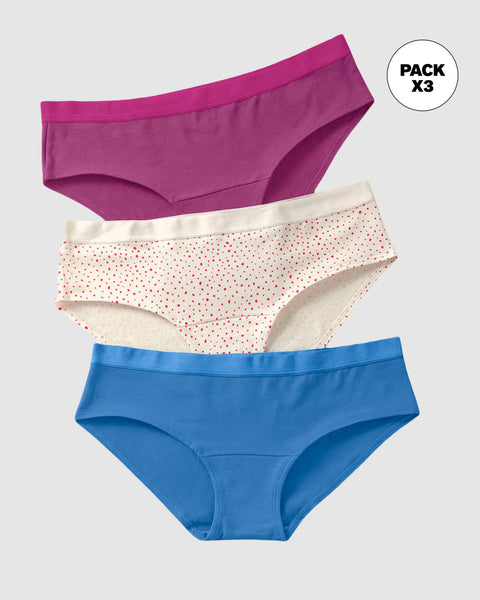 Pack x3 calzones estilo pantaleta en algodón#color_s54-marfil-estampado-puntos-morado-azul