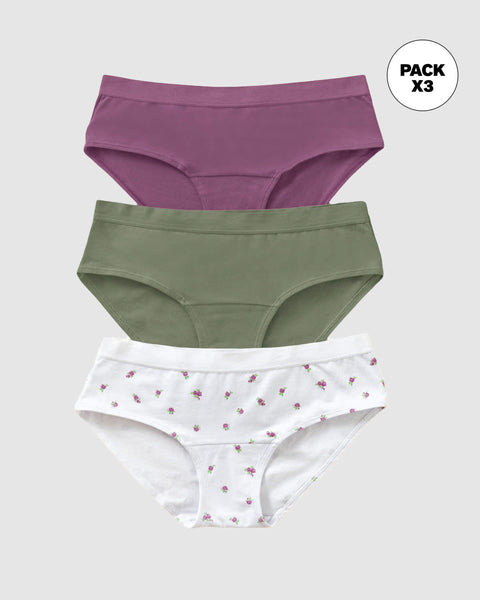 Pack x 3 calzones estilo hípster en algodón#color_s69-verde-estampado-flores-mora