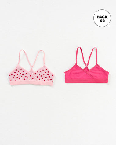 Pack x2 top principiante para niña espalda deportiva#color_s13-fucsia-estampado-corazones