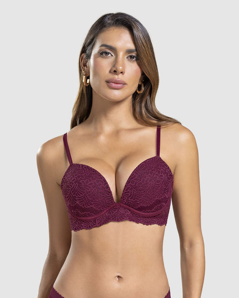 Sostén doble realce escote profundo elaborado en encaje#color_240-vino-medio