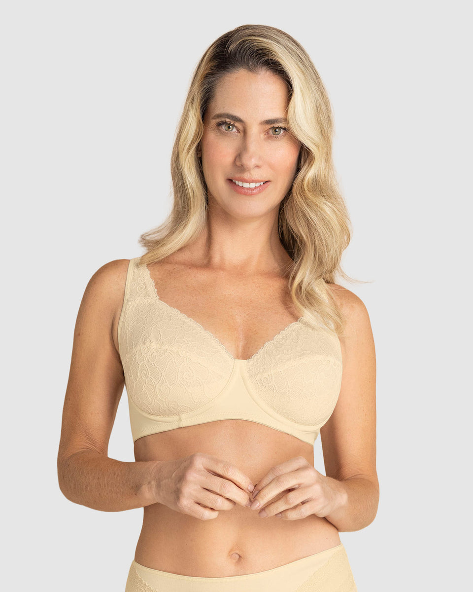 Sostén triangular con copas en encaje y espalda en tela lisa