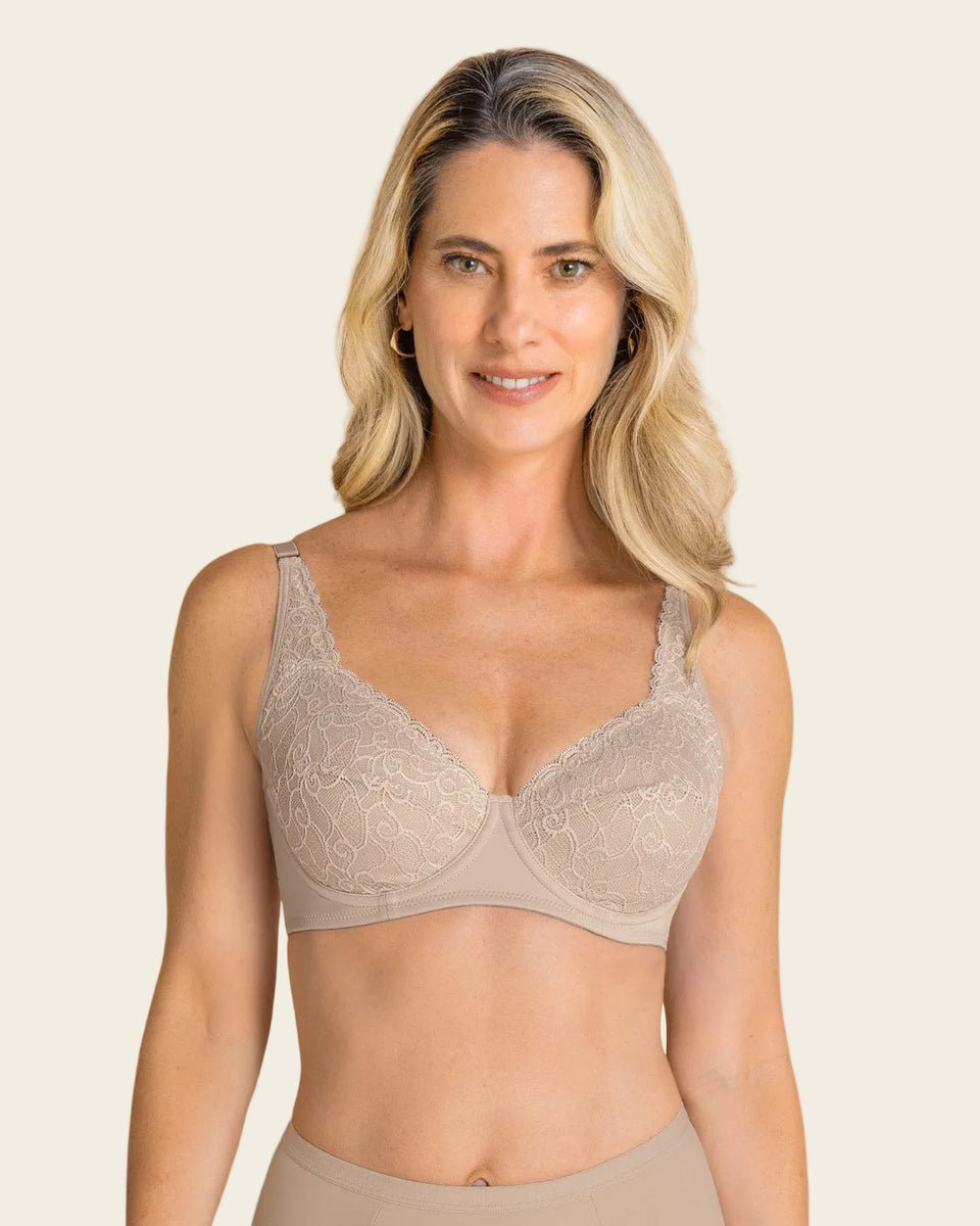 Sostén triangular con copas en encaje y espalda en tela lisa