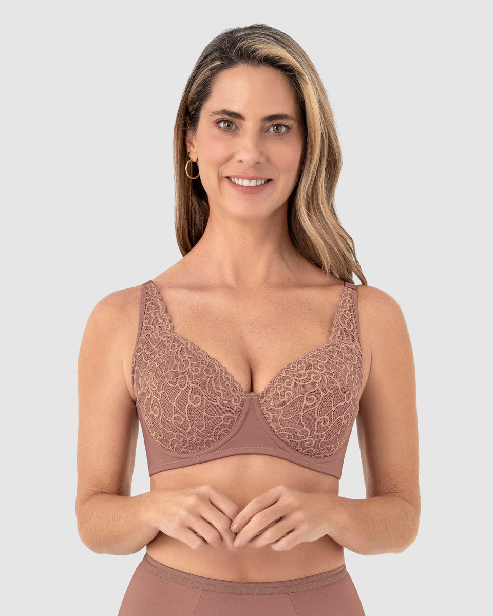Sostén triangular con copas en encaje y espalda en tela lisa