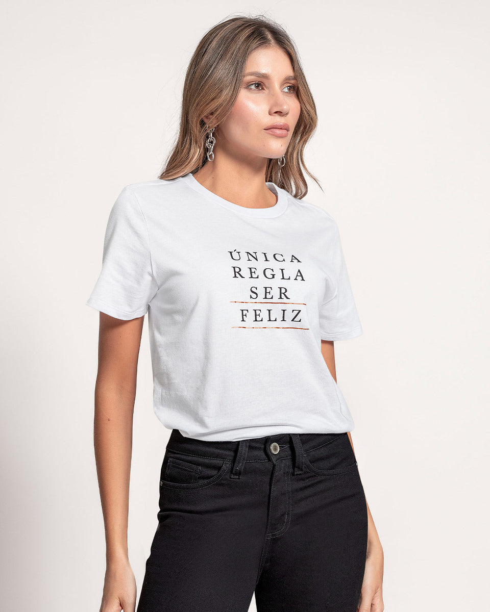 Camiseta manga corta cuello redondo y estampado frontal para mujer