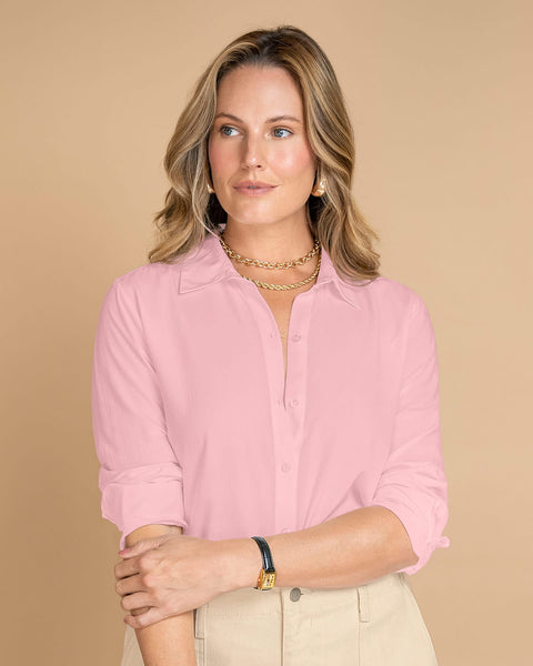 Blusa manga larga con cuello camisero y botones funcionales#color_301-rosado