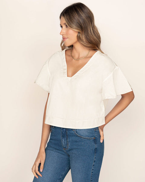 Blusa manga corta con boleros en mangas y escote en V#color_000-blanco