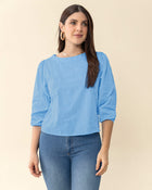 Blusa manga 3/4 con efecto volumen#color_052-azul-medio-claro
