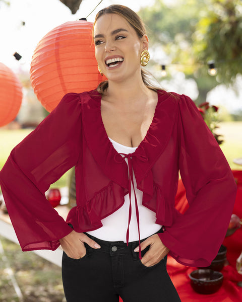 Blusa manga larga con bolero en escote y tiras en frente para anudar#color_302-rojo