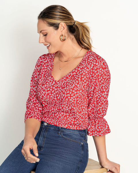 Blusa estampada con elástico recogido para mangas tipo globo#color_145-rojo-estampado