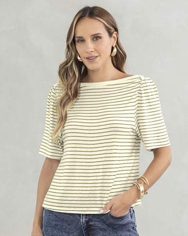Camiseta manga corta con cuello tipo bandeja#color_047-raya-verde