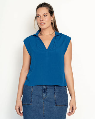 Blusa manga sisa cuello camisero en V#color_055-azul
