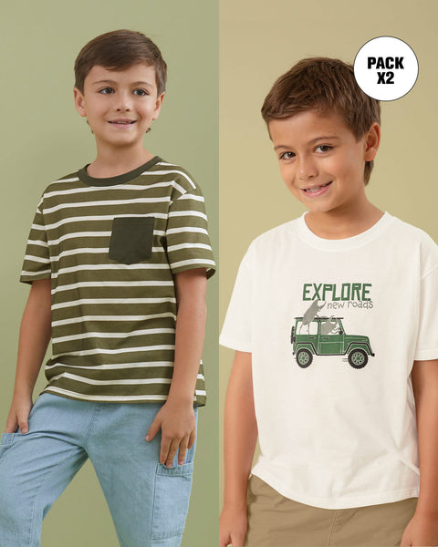 Pack x2 camisetas manga corta infantiles#color_s02-rayas-verdes-marfil-estampado