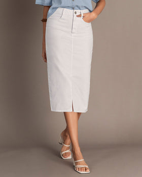 Falda midi con abertura en frente y bolsillos funcionales en frente y posterior#color_000-blanco