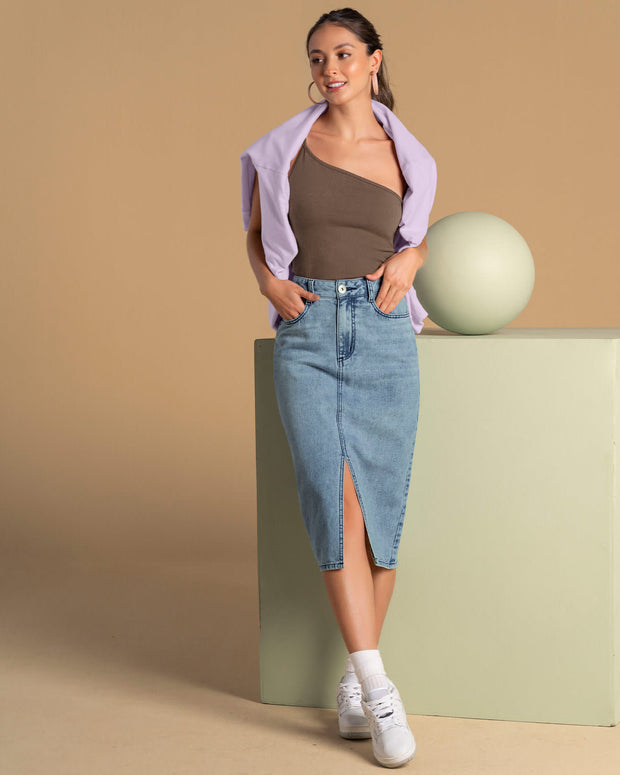Falda midi con abertura en frente y bolsillos funcionales en frente y posterior#color_141-indigo