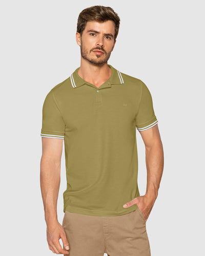 Camiseta tipo polo con cuello y mangas tejidas#color_604-verde-aceituna