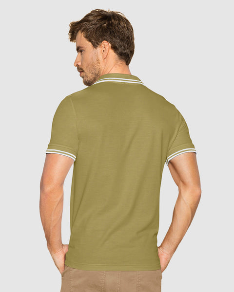 Camiseta tipo polo con cuello y mangas tejidas#color_604-verde-aceituna