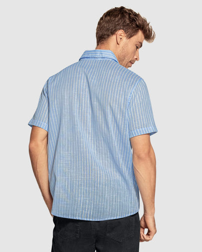 Camisa manga corta de rayas con botones funcionales en frente#color_022-azul-claro