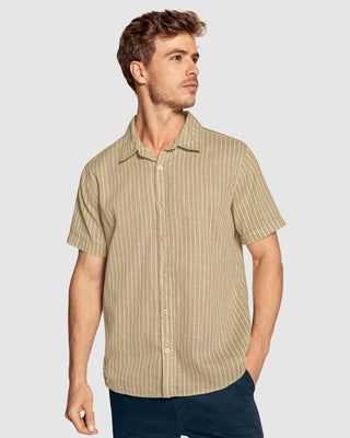 Camisa manga corta de rayas con botones funcionales en frente#color_084-arena