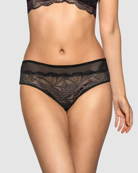 Calzón pantaleta semidescaderado en encaje y tul con refuerzo en algodón#color_700-negro